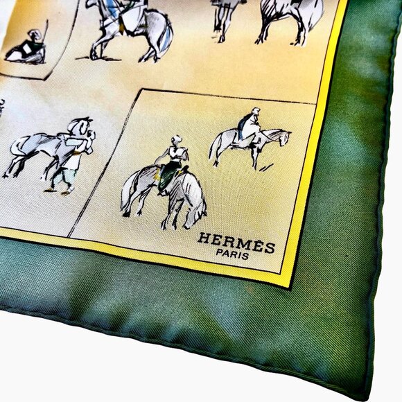 HERMES Paris Silk Scarf Equestrian Horse & Rider VOYAGE AU NIGER Green New 16" - Picture 8 of 16